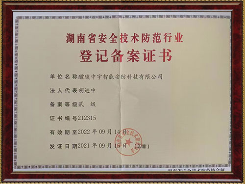 湖南省安全技術(shù)防范行業(yè) 登記備案證書(shū)